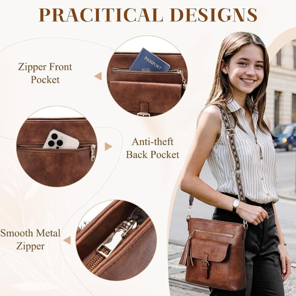 KASQO Soft Vegan Leather Crossbody Bag for Women, Roomy Purse with Guitar Strap - Picture 5 of 7